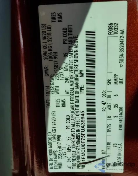 2015 Ford Escape S z USA, uszkodzony, nr VIN 1FMCU0F75FUA39945